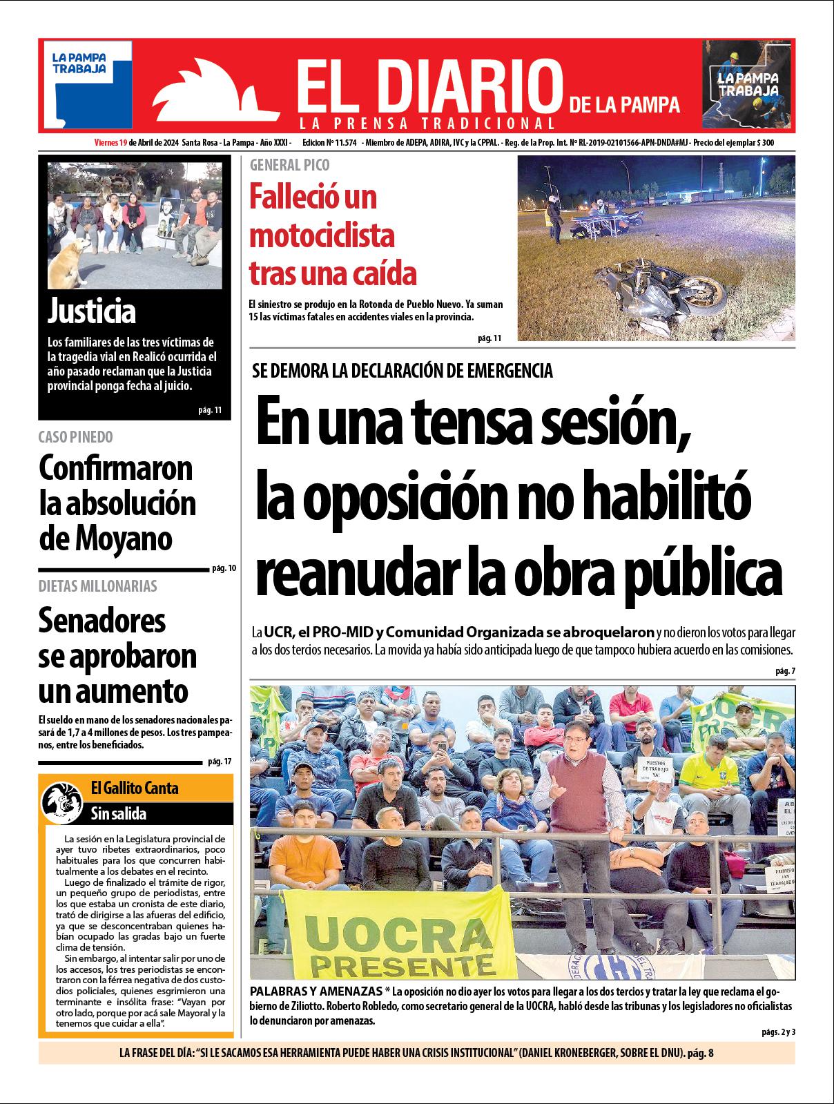 Tapa de El Diario en papel  viernes 19 de abril de 2024